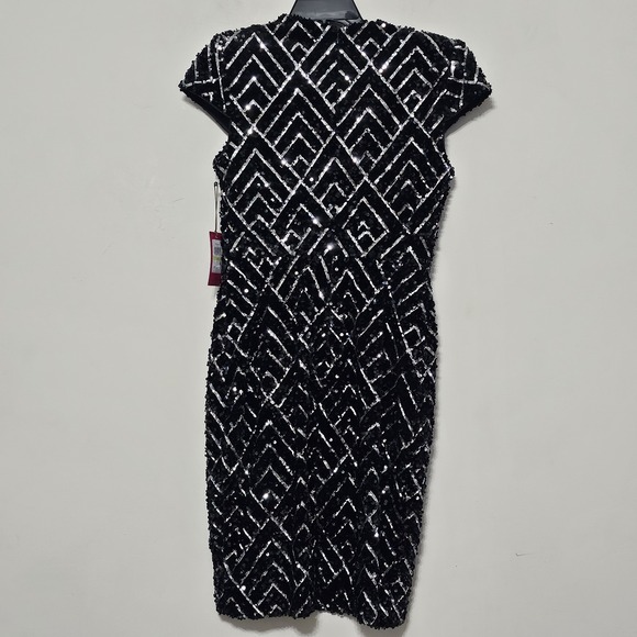 Vince Camuto Women Dress 4 Black Mini Capped Sleeve Deep Vneck Sheath Sequin 748 - Picture 11 of 15